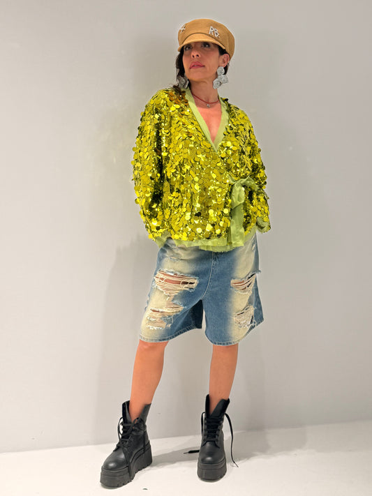 MAGLIA INCROCIO PAILETTES VERDE OLIVA
