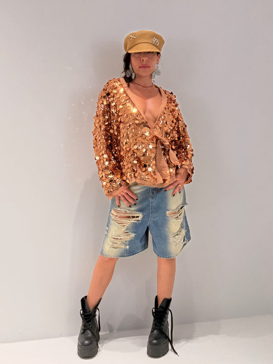 MAGLIA INCROCIO PAILETTES BRONZO